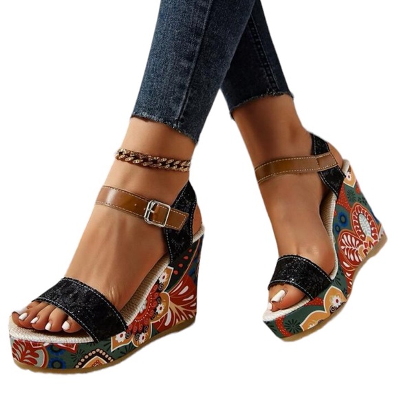 Shoes - Black Wedge Heel Thick Sole Sandals